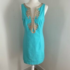 Lilly Pulitzer Aqua Mini Dress with Gold Embellishments